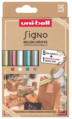 Uni Signo Gelpen Glitter Set Kerst + 1 Gratis Washi Tape