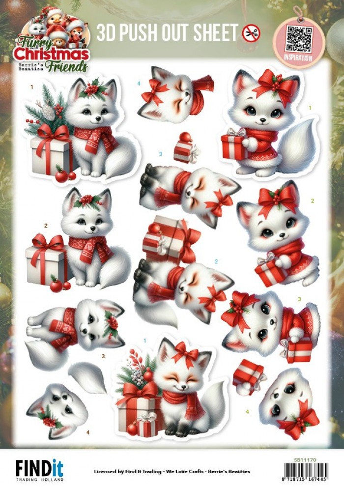 Berries Beauties - Furry Christmas Friends - 3D Push Out - Christmas White Fox